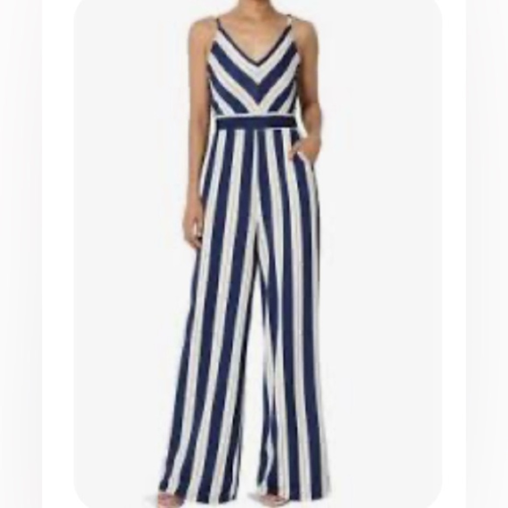 Altar’d State Adjustable Spaghetti Strap Wide Leg Jumpsuit / Blue White / Large